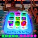 23 x 23 Inch Glowing Pool Party Rack Tic Tac Toe Floating Rafts, Swimming Pool Pong Party Game Drinking Game and Drink Holder, Includes 1 Rafts 9 Cups and 10 Pong Balls, Flashing Color 1