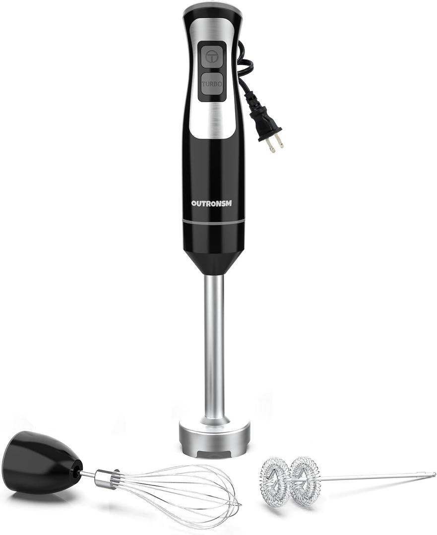 Immersion Blender Handheld, OUTRONSM Hand Blender with 4-point thickened SS blades, Milk Frother, Egg Whisk for Coffee Milk Foam, Puree Baby Food, Smoothies, Sauces and Soups Black