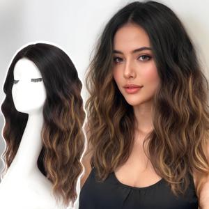 AISI HAIR 18 inch Honey Highlight Dark Brown Wig for Women Medium Length Wave Curly Glueless Synthetic Heat Resistant Hair Wigs for Daily Party Cosplay