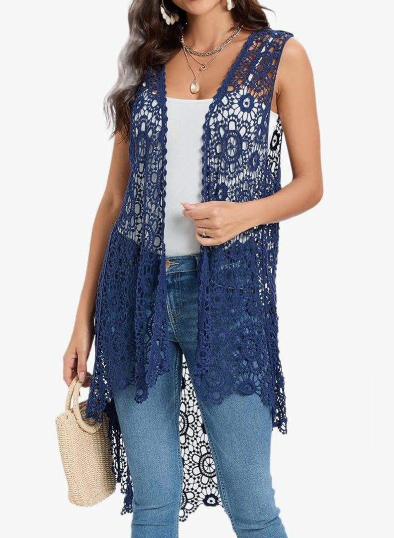 Women's Casual Long Crochet Vest Loose Fit Boho Lace Cover up High Low Sleeveless Cardigan One Size