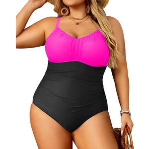 Aqua Eve Plus Size Swimsuit for Women Tummy Control One Piece Bathing Suit Vintage Swimwear Black and Pink, Size 20W