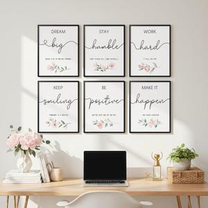 Framed Inspirational Office Wall Art Decor, 6 Piece Modern Motivational Quotes Floral Canvas Prints Artwork for Office Walls, Positive Affirmations Wall Decor for Home, Study Room, 11x14 (White Pink)