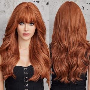 EMMOR Orange Brown Long Wigs for Women, Natural Wavy wig with Bangs Heat Resistant Fiber Synthetic Wigs for Daily PartyStrawberry blonde