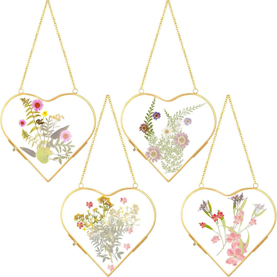 4 Pcs Heart Glass Pressed Flower Frame, Heart Hanging Floating Frames Double Pressed Dried Flower Plants Vintage Glass Gallery Wall Decor Fall Christmas Valentines Gift (6.5 x 6.5 Inch, Gold)