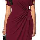 oten Womens Deep V Neck Ruffle Sleeve Sheath Casual Cocktail Party Work Faux Wrap Dress (L)