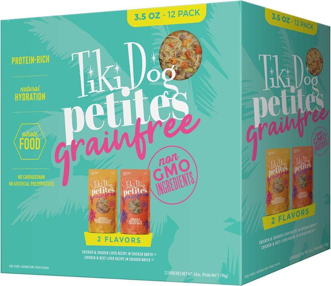 Tiki Dog Aloha Petites, Variety Pack, Nutrient Dense Meat, Wet Dog Food For Small Breed Dogs and All Life Stages, 3 oz. Pouch, Pack of 12 (EXP 04/10/27)