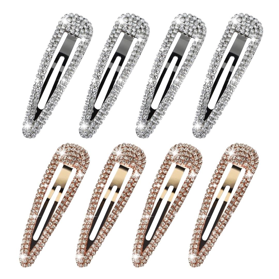 8PCS Rhinestone Hair Clips, Water Drop Crystal Hair Barrettes, Bling Metal Snap Duckbill Hairpins Sparkle Hair pin, Glittering Hair Accessories for Women Girls-Color, Gold, Silver
