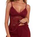 YYA Sexy Lace Pajamas for Women Set Pajama Short Set Cami&Shorts V Neck Night Lingerie Sleepwear, Wine Red XXL (XXL)