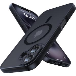 Magnetic for iPhone 16 Case,Upgraded [Full Camera Protection][Compatible with Magsafe][Military Grade Protection] Shockproof Slim Anti-Yellow Translucent Matte Phone Case for iPhone 16,Black