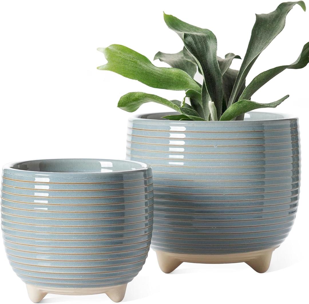 LE TAUCI Ceramic Plant Pots, 5.1 + 6.4 Inch Footed Pots for Plants, Modern Flower Pots for Home and Office, Indoor Planters with Drainage, Reactive Glaze Gray (Pack of 2)