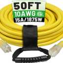 POWGRN 50 Ft 10AWG Outdoor Extension Cord Waterproof Heavy Duty 10 Gauge 3 Prong, Flexible Cold-Resistant Long Power Cord Outside with Lighted Indicator End, 15Amp 1875W SJTW Yellow ETL Listed
