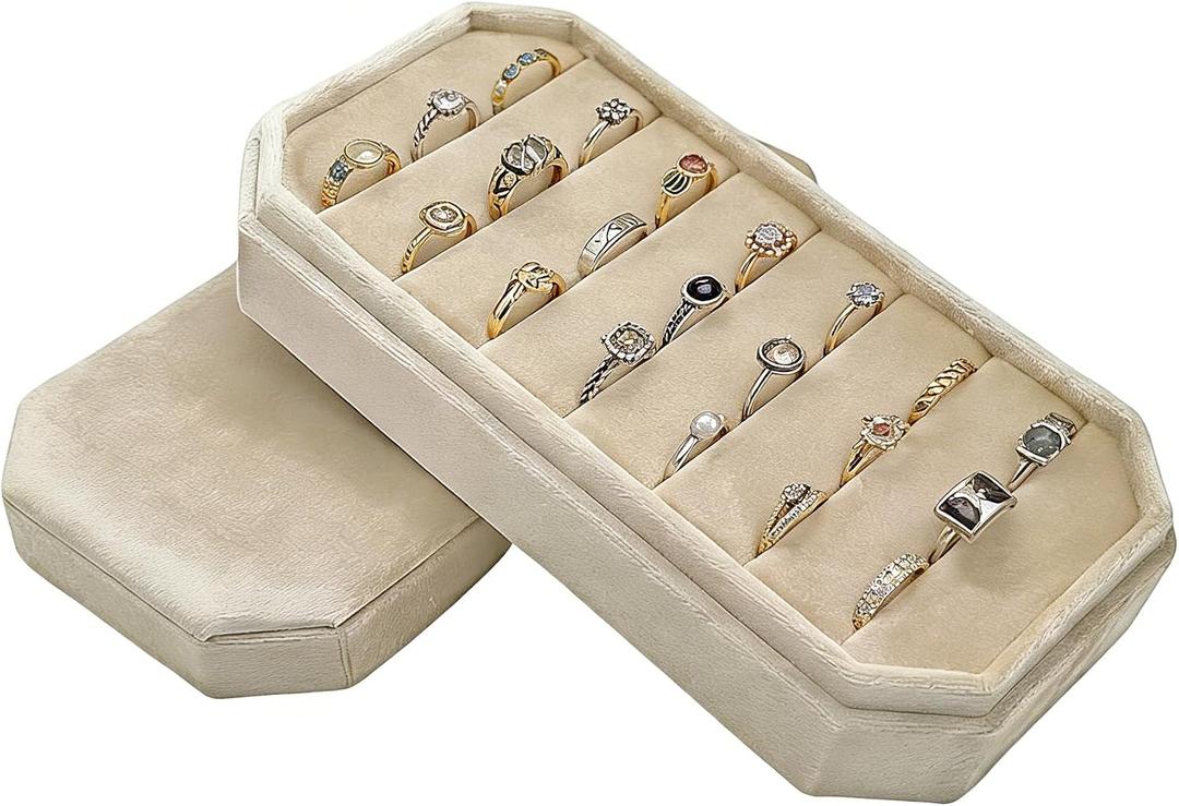 Velvet Ring Organizer Box - Ring Jewelry Box for Rings Earring, Jewelry Tray Rings holder Display Case for Girl Women (8.07"x4.13"x2.16") -PRB024-Beige