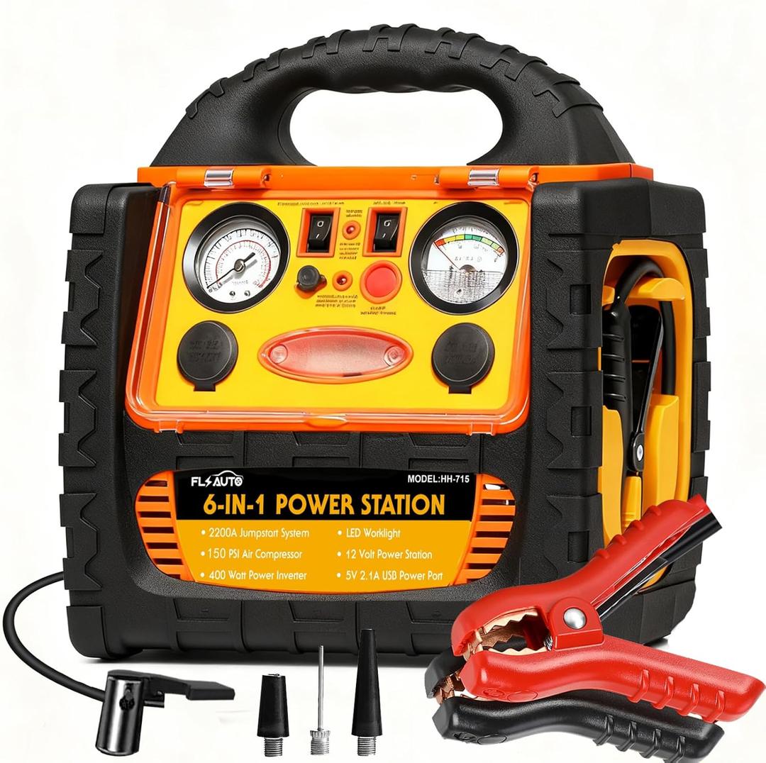 6 in 1 Jump Starter for Up to 6.0L Gas or 5.0L Diesel Engine,Upgraded 2200 Peak Amp 12V Auto Battery Car Starter with Air Compressor 150 PSI Tire Inflator,400 Watt Inverter AC/DC/USB Outlets (2200A)