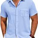 Runcati Mens Cuban Guayabera Shirts Button Down Short Sleeve Shirt Casual Mexican Summer Beach Wedding Tops with Pocket Sky Blue M