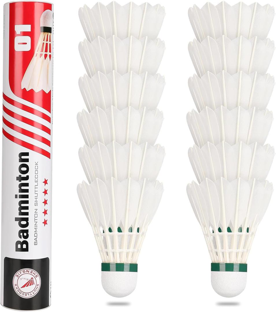 Goose Feather Badminton Shuttlecocks Birdies, 12 Pack Hight Speed Training Badminton Balls with Great Stability for Indoor Outdoor Sports (White)