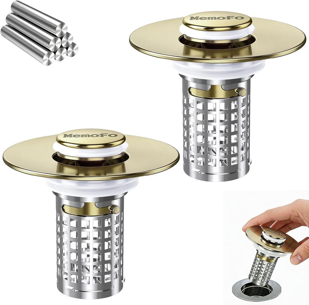 Bathroom Sink Drain Strainer(2PCS), Stainless Steel Pop-up Strainer Basket Hair Catcher with Removable Basket, Brass Bullet Core, Universal Fit 1.1-2.36 Inch Brushed Gold