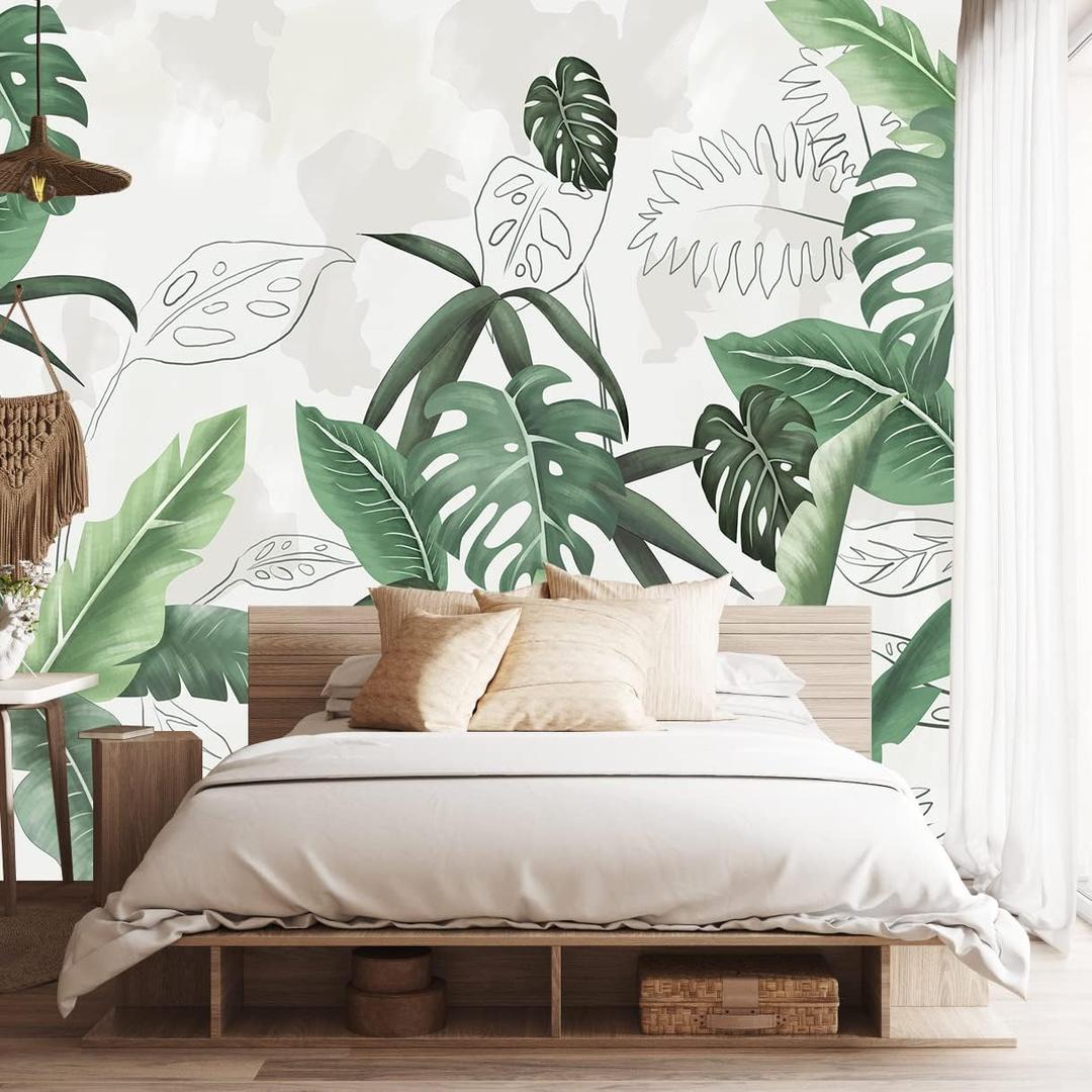 Bormia Modern Minimalist Wall Mural Tropical Rain Forest Green Plant Mural Wallpaper for Living Room Bedroom 151"x105" (Not Self-Adhesive)