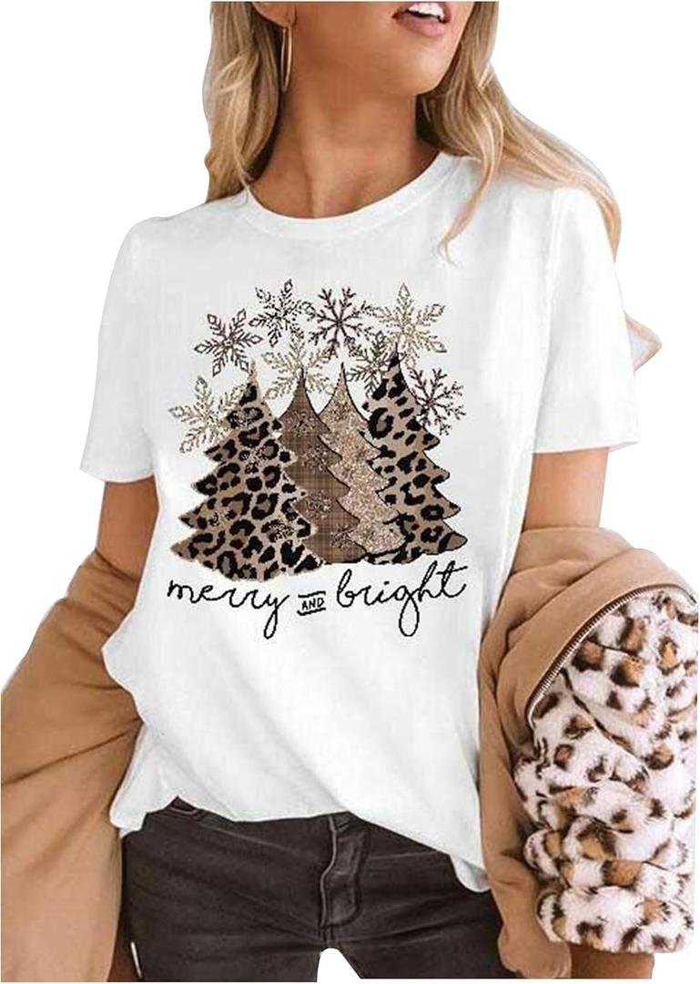 Leopard Christmas Tree Snowflake T Shirts Celebrate Christmas Vacation T Shirts Funny Merry and Bright Graphic Tees Tops (X-Large)