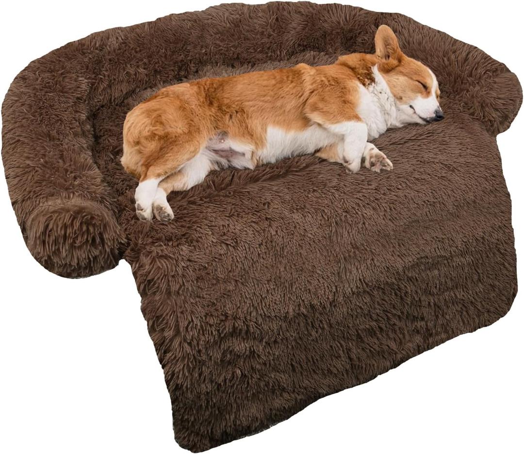 GGIB Calming Dog Bed Fluffy Plush Dog Mat for Furniture Protector with Removable Washable Cover for Medium Dogs and Cats (Medium, Coffee)