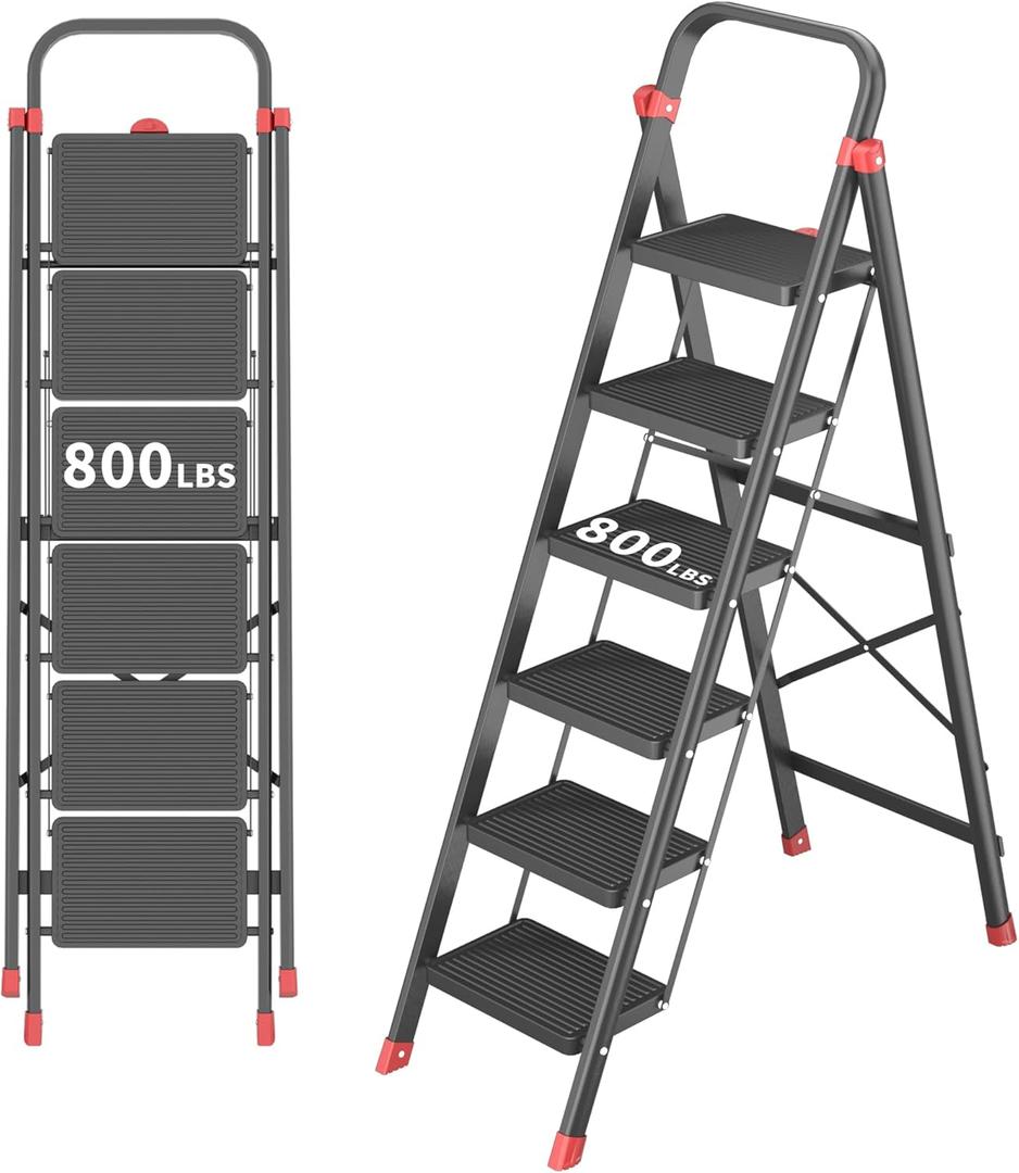 DIAMONDFORGE 6-Step Foldable Step Ladder Stool with Handle, Anti-Slip Wide Pedals & Feet, 800lbs Capacity, Sturdy Stepstool Folding for Adults in Home & Kitchen Use - Black Red