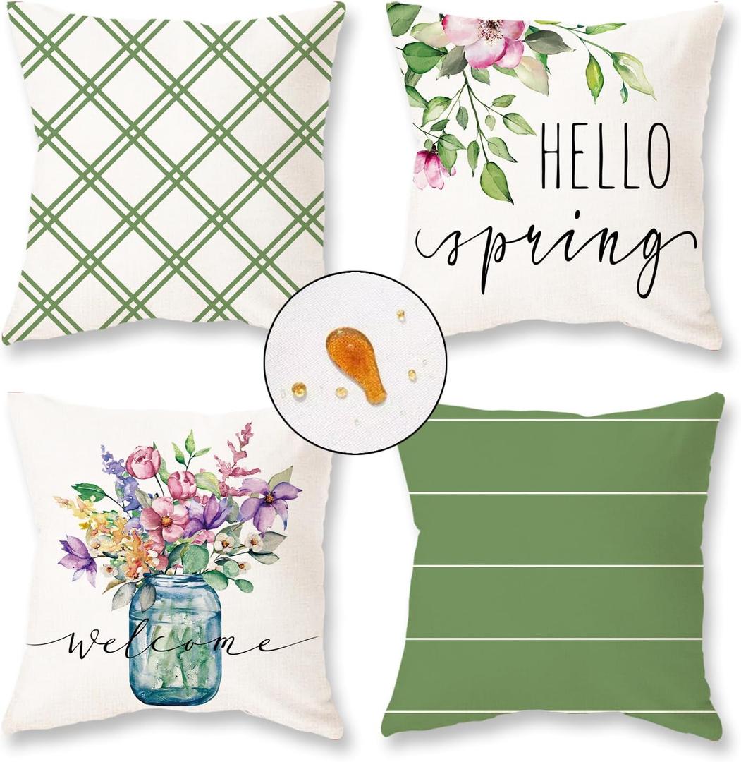 ONWAY Spring Pillow Covers 18x18 Set of 4 Floral Waterproof Farmhouse Decorations Outdoor Green Patio Throw Cushion Case for Sofa Couch Home Decor
