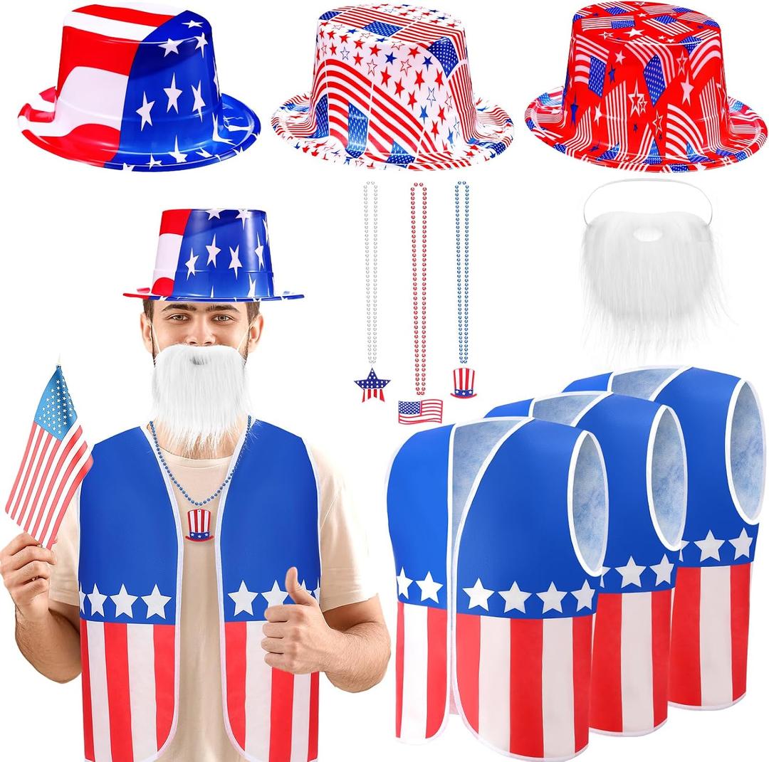 Yahenda 12 Pcs American Flag Costume Man 3 Set USA Patriotic Accessories 4th of July Outfit for 250th Anniversary Party