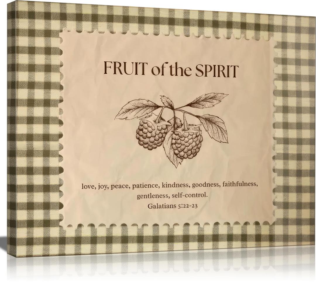 Fruit of the Spirit Canvas Wall Art Vintage Scripture Picture Wall Art Christian Faith Love Joy Peace Poster Bible Verse Gingham Painting Print Artwork for Kitchen Dining Room Living Room Decoration