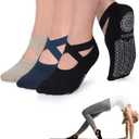 Ozaiic Pilates Socks for Women Non Slip Grip, Yoga Socks with Grippers for Barre, Hospital, Ballet, Dance, Barefoot Workout (3 Pairs - Olive Green/ Black/ Navy)