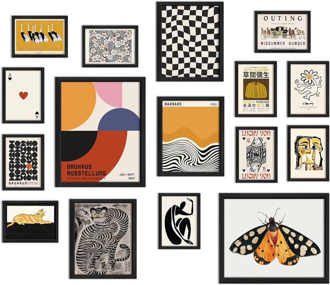 ANERZA 16 PCS Eclectic Wall Art Decor, Modern Maximalist Wall Prints for Bedroom, Bauhaus Posters for Room Aesthetic, Retro Abstract Wall Collage Kit for Living Room, Funky Dorm Gallery Home Decor (11"x14" Unframed, Orange)