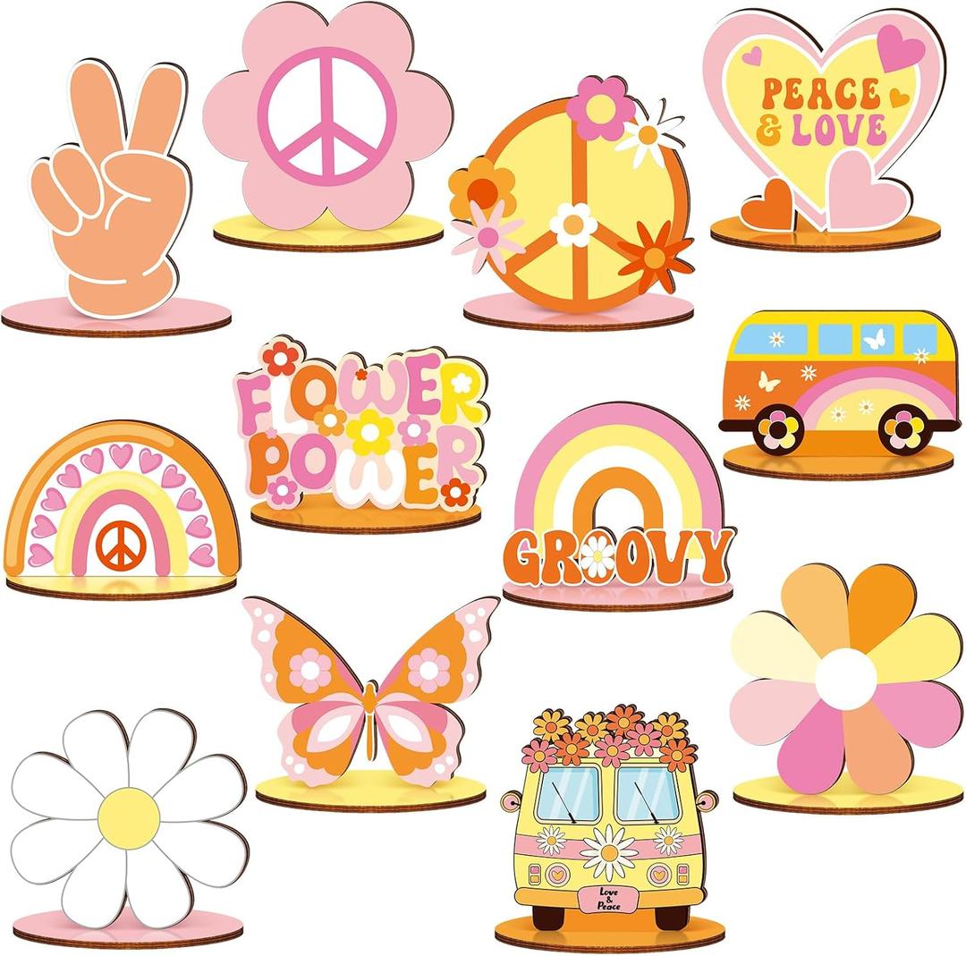 RattanView 12 Pcs Groovy Party Decorations Groovy Centerpieces for Tables Two Birthday Party Favors Hippie Bohemian Wooden Signs for Table Retro Rainbow Daisy Bus Table Topper