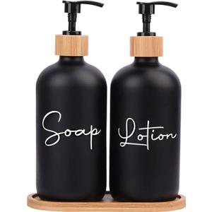 17 oz Hand Soap Dispenser Empty Glass Lotion Pump Bottles, Refillable Liquid Dish Soap Bottles for Bathroom Decor, Kitchen Sink, Matte Design and Wood Tray, Pack of 2, Black