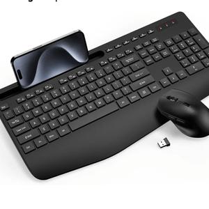 Wireless Keyboard and Mouse Combo - Full-Sized Ergonomic Keyboard with Wrist Rest, Phone Holder, Sleep Mode, Silent 2.4GHz Cordless Keyboard Mouse Combo for Computer, Laptop, PC, Mac, Windows -Trueque