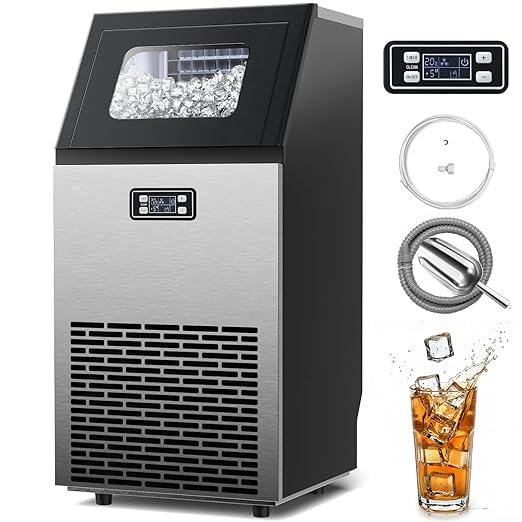 Kismile Commercial Ice Machine, 100Lbs/24H, 45 Cubes/Batch in 11-20 Mins, Stainless Steel Freestanding with Dual Self-Cleaning & 2 Water Inlet Modes for Restaurant/Bar/Home/Office Offices