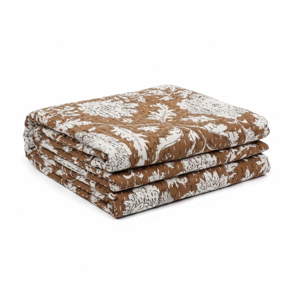 SQH Handblock Floral Print Handmade Cotton Kantha Quilting Boho Bedding Throw Blanket Hippie Queen/King Size Bohemian Block Kantha Quilt