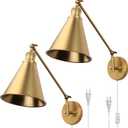 PERMO Wall Sconce Set of 2 Plug in Metal Wall Sconces Swing Arm Wall Light with Flared Metal Shade for Bedside Bedroom (Antique Gold)