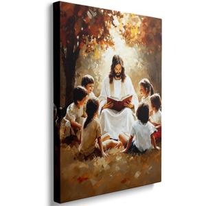 Ypxzzj Jesus with Children Canvas Wall Art Wall Decor Jesus Teaching Children Scene Poster Pictures for Living Room Bedroom Home Decor Christian Spiritual Painting Artwork for Church(12''x16'')