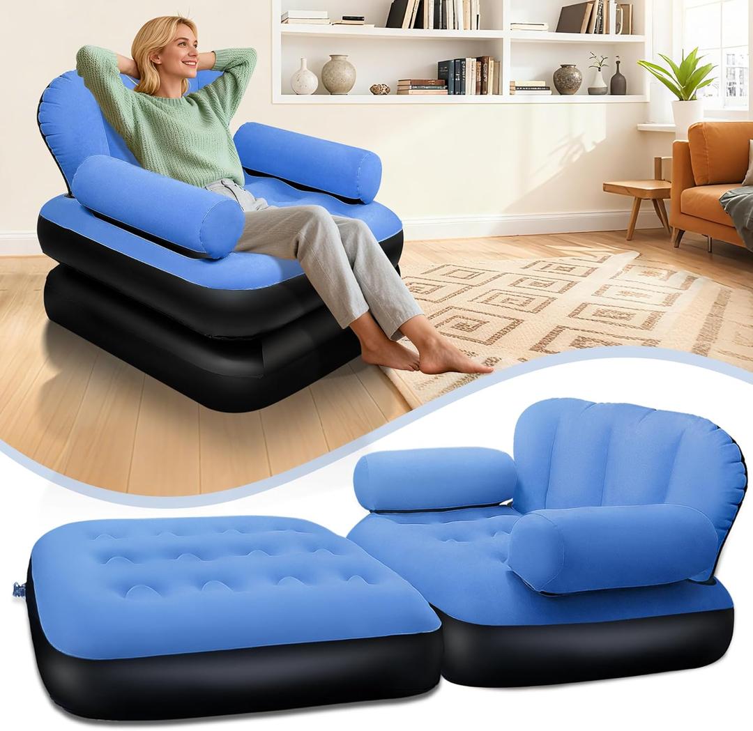 PRAXXIS Blow Up Pull Out Couch with Headboard,Inflatable Chair with Flocked Surface,Folding Inflatable Chairs for Adult,Portable Inflatable Sofa,Durable Inflatable Couch,Inflatable Couches for Camping