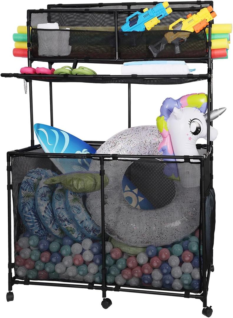 Pool Storage bin,Poolside Storage Organizer,Double Deck,Holder for Outdoor,Pool,Patio,Garden,Organizer for Toys,Floats,and Swimming Equipments,2-Size (Large)