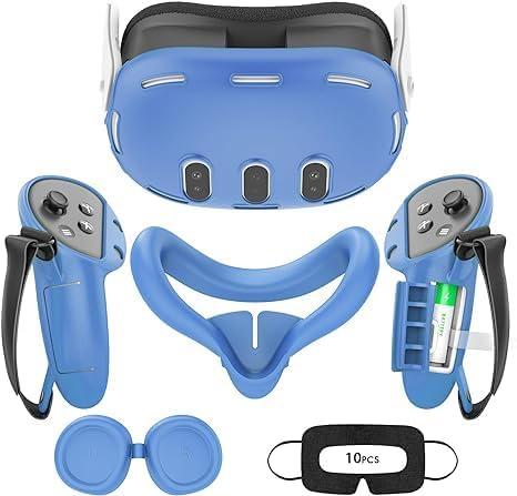 Relohas Deluxe VR Accessories for Meta Quest 3, 4 in 1 Silicone Protective Case Set for Oculus Quest 3, Controller Grip Cover, VR Shell Cover, Face Cover, Gifts for Christmas & Halloween (Light Blue)