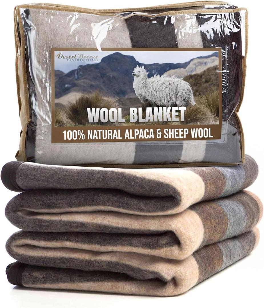 Natural Alpaca & Sheep Wool Blanket  Woven, Made in Peru - Full/Queen Size  Heavyweight Warmth, Thick, Breathable, Natural Texture & Scent, 72 x 88 Inches, 4.2 lbs (Earth Tones)