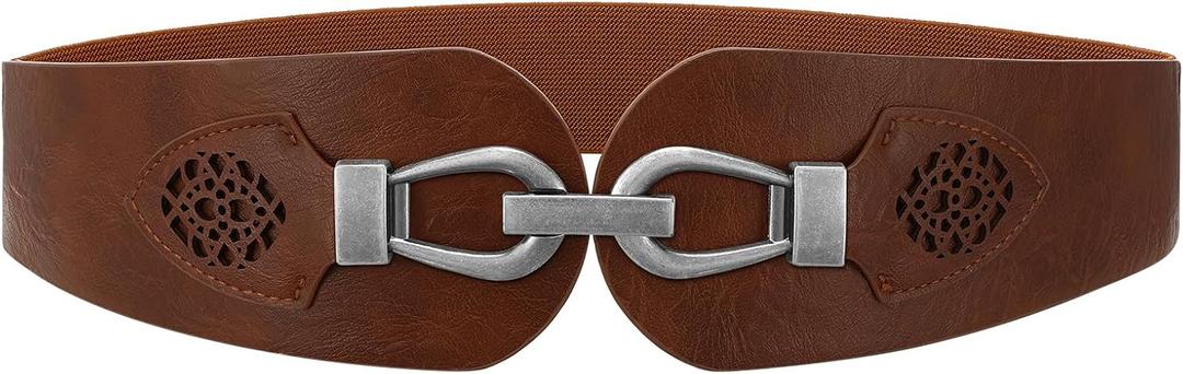 Womens Western Wide Waist Belt for Dress Vintage Stretchy Elastic Belt with Chunky Gold Buckle (Brown)