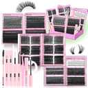 6 Box Mix Lashes Clusters Kit Gift Packs 1686Pcs with 2X Bond&Seal Volume Mega/Bottom Soft Extension False Eyelash D Curl Wispy Natural DIY Individual Fake Eyelashes for Beginners Bulk Pack