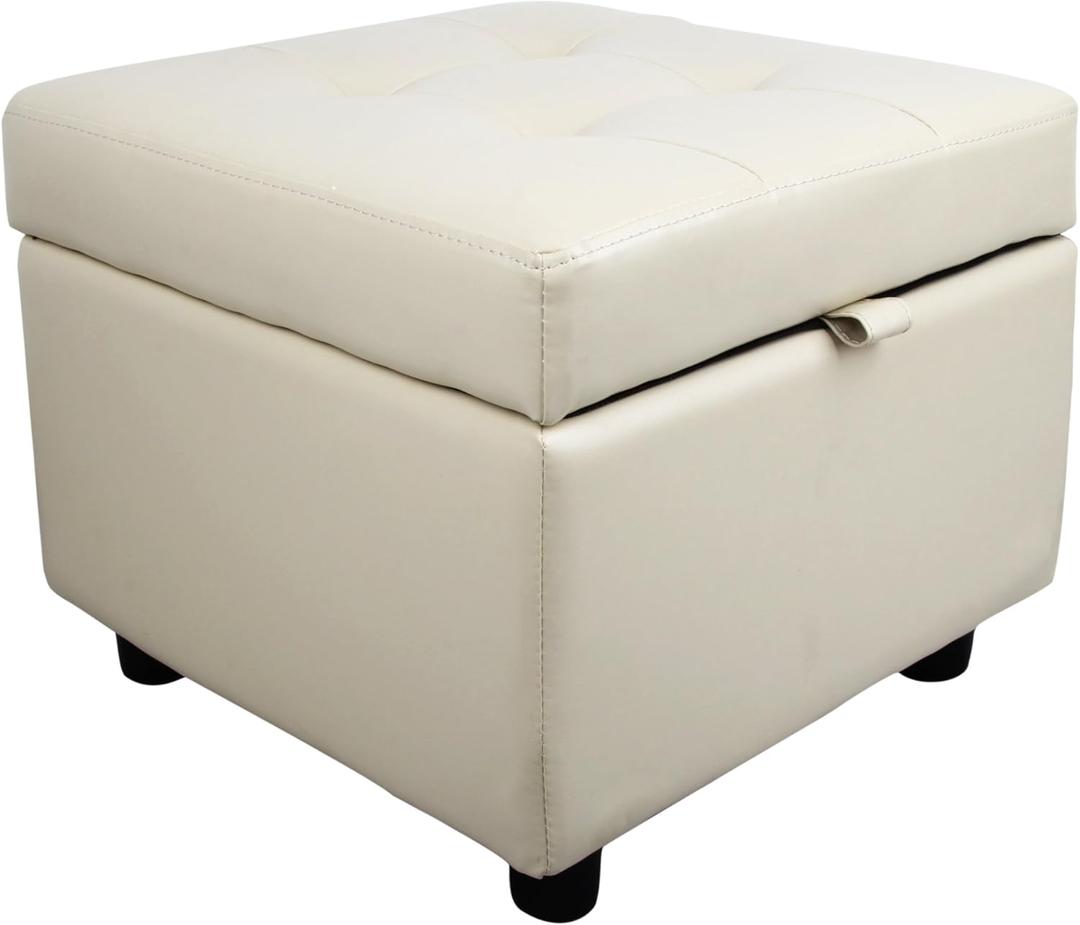 H&B Luxuries Tufted Leather Square Flip Top Storage Ottoman Cube Foot Rest (Cream with Storage)