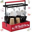 Threehoney Christmas Hot Cocoa Bar Coffee Station Organizer Decorative Wood Storage Box Coffee Mug Holder with 6 Hooks Organizer Pod Holder for Countertop Decorative Xmas Storage Bins Bar Accessories