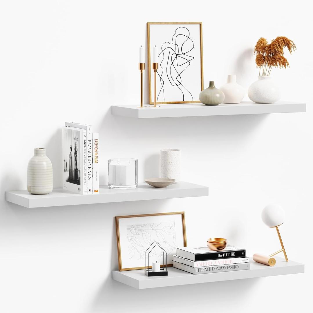 3-Pack 24" White Modern Wooden Floating Shelves, Wall Mounted, Set of 3, 6.7" W x 24" L x 1" H, 25lbs Load Capacity Each, Perfect for Bathroom, Kitchen, Living Room, Bedroom