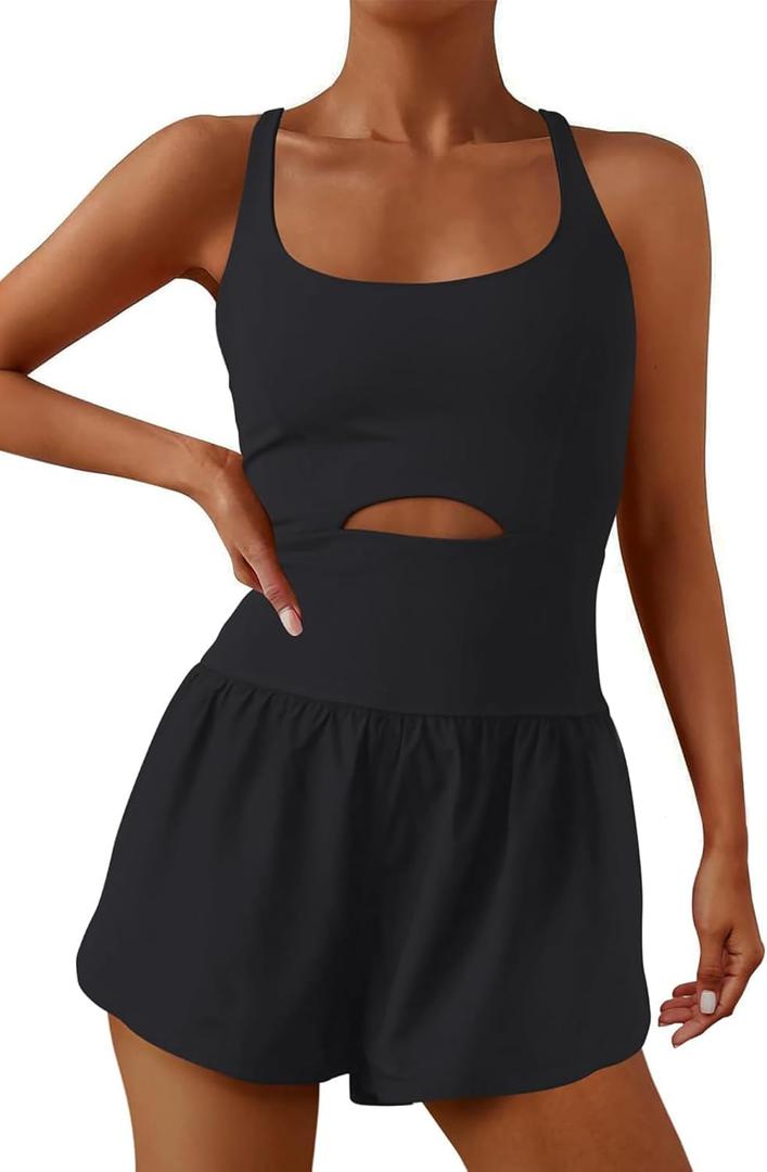 ReachMe Womens Running Onesie Workout Rompers Athletic Romper One Piece Outfits Exercise Jumpsuits Gym Yoga Clothes (Black, XL)