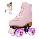 jessie Roller Skates for Girl and Women, PU Leather Light up Kids Roller Skates, Cute Adjustable Four-Wheel Beginner Youth Roller Skates Girls Outdoor Indoor (Youth 3.5, Pink),