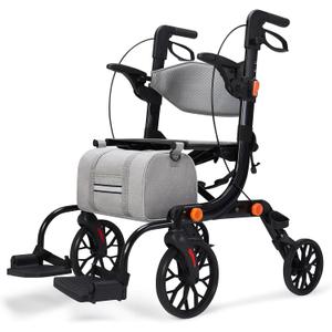 2-in-1 Walkers for Seniors with Seat & Transport Wheelchair Combo,All-Terrain Rolling Walker,Adjustable Height for Indoor Outdoor Mobility with Brakes & Storage Pouch
