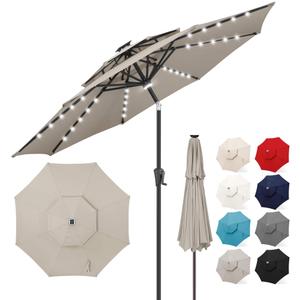 FLAME&SHADE Solar Patio Umbrella with Centre Light, 9FT 2 Tiers, Taupe