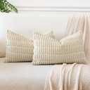 OTOSTAR Pack of 2 Soft Corduroy Decorative Throw Pillow Covers 16 x 24 Inch Boho Striped Pillow Covers Lumbar Cushion Case Couch Pillowcases for Sofa Bed Home Decor (Beige)